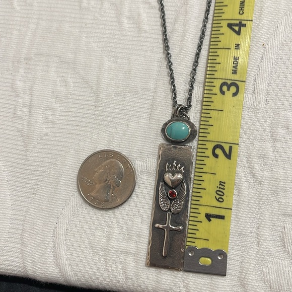 *Price Firm* Sterling/Turquoise/Garnet Flaming Heart/Wings/Cross Necklace - NWOT - Picture 5 of 5